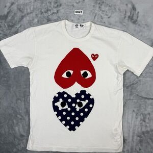Comme des Garçons PLAY Polka-Dot and Red Heart-to-Heart Graphic Tee in white SzL
